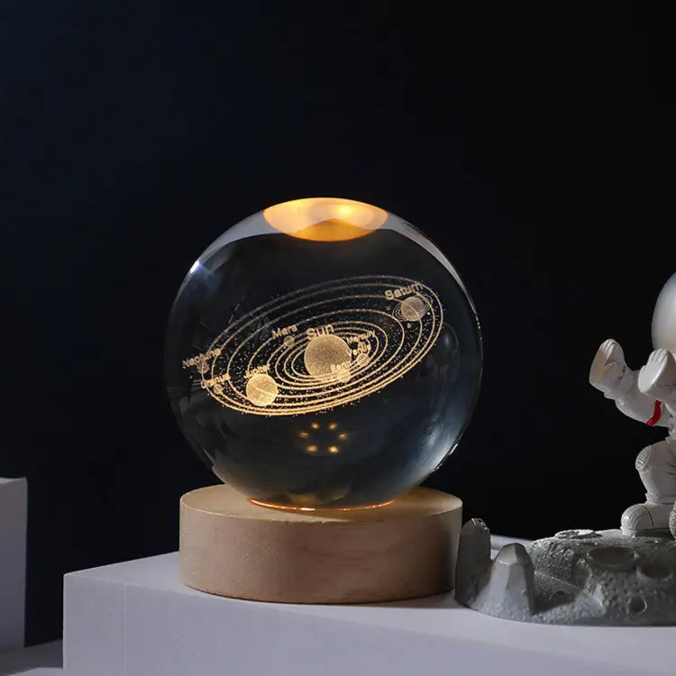 Projector USB 3D Solar System Crystal Ball Lamp With Wooden Base Led Display Stand